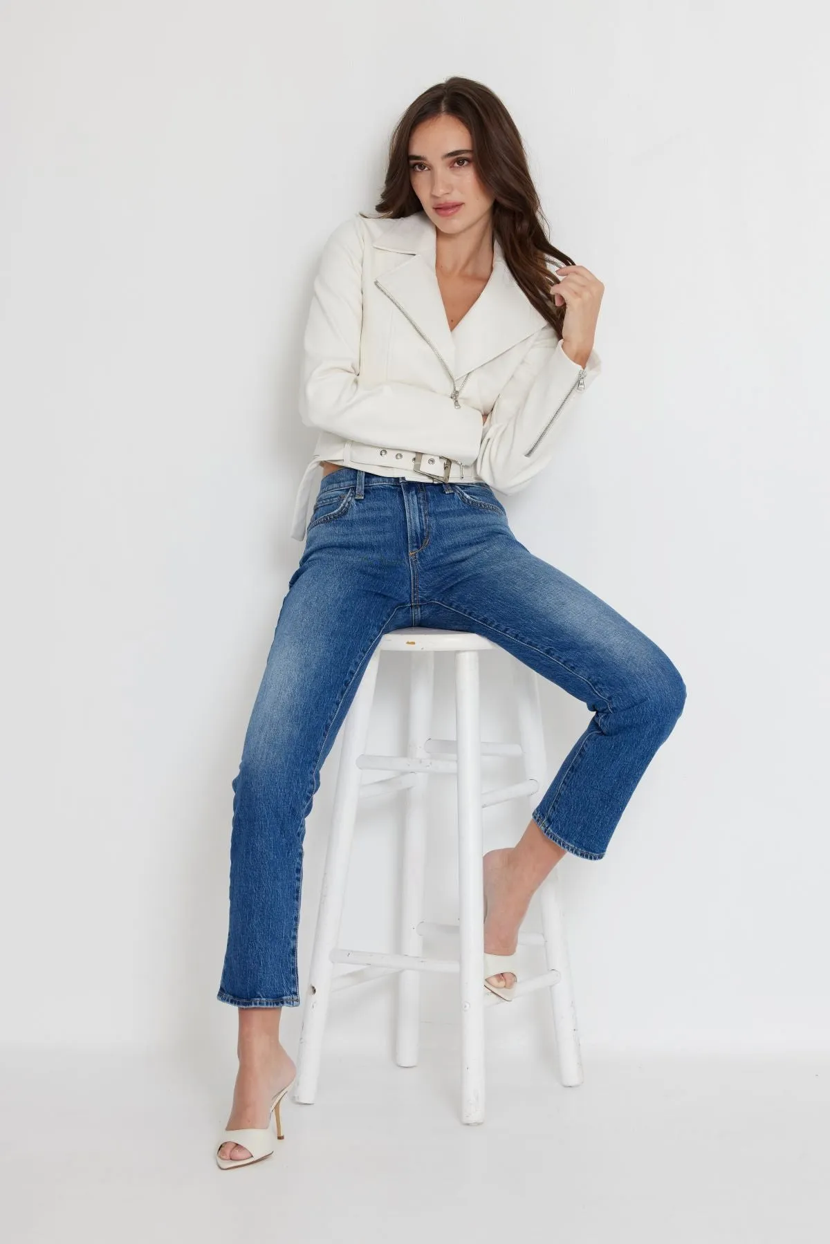 Stretch Leather Belted Biker Jacket-Ivory