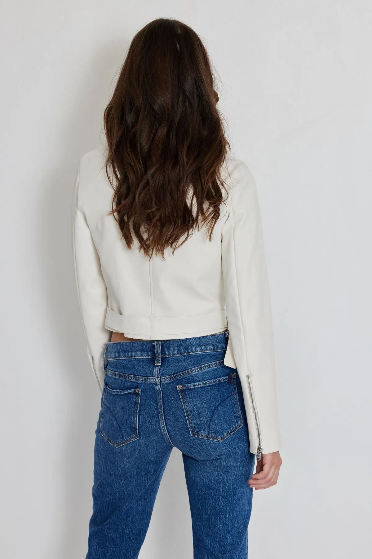 Stretch Leather Belted Biker Jacket-Ivory