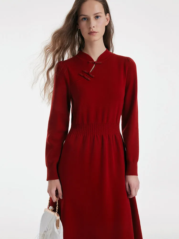 Tencel Wool Cheongsam Button Gathered Waist Women Qipao Dress