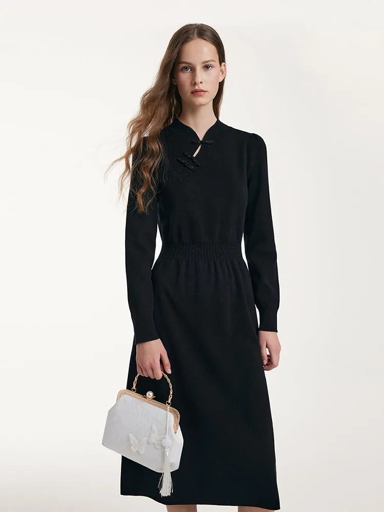Tencel Wool Cheongsam Button Gathered Waist Women Qipao Dress