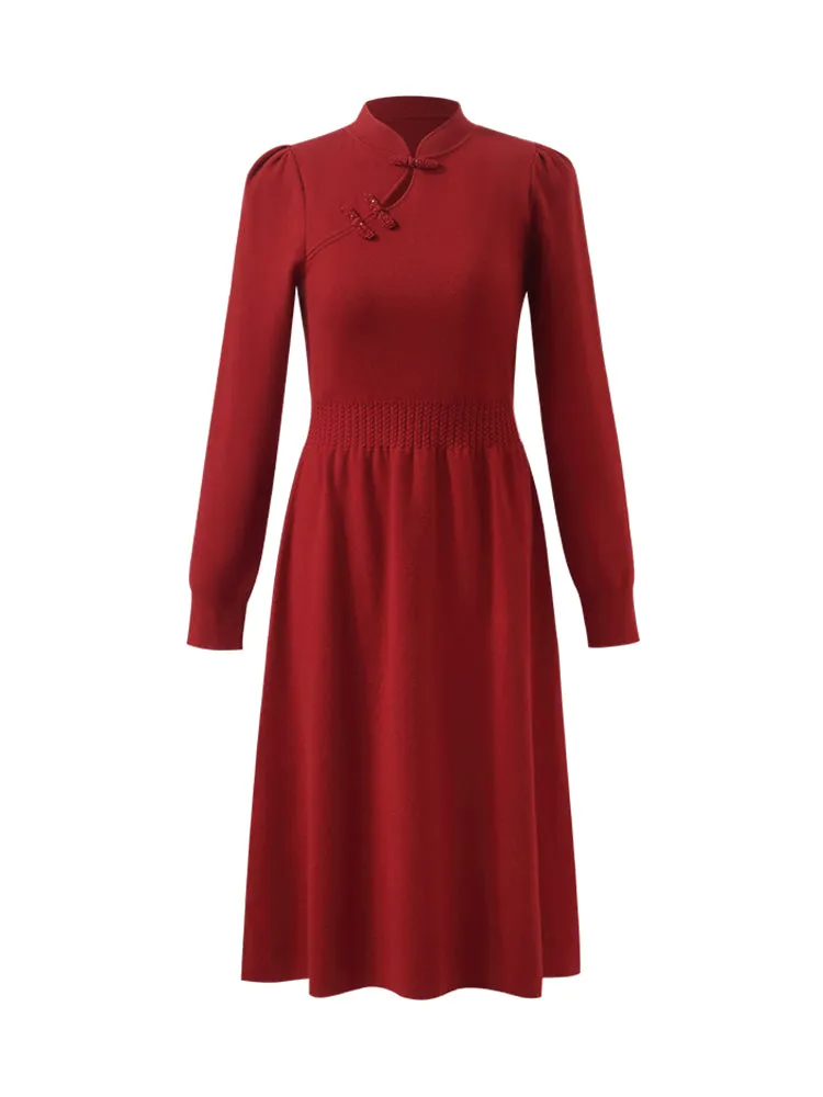 Tencel Wool Cheongsam Button Gathered Waist Women Qipao Dress