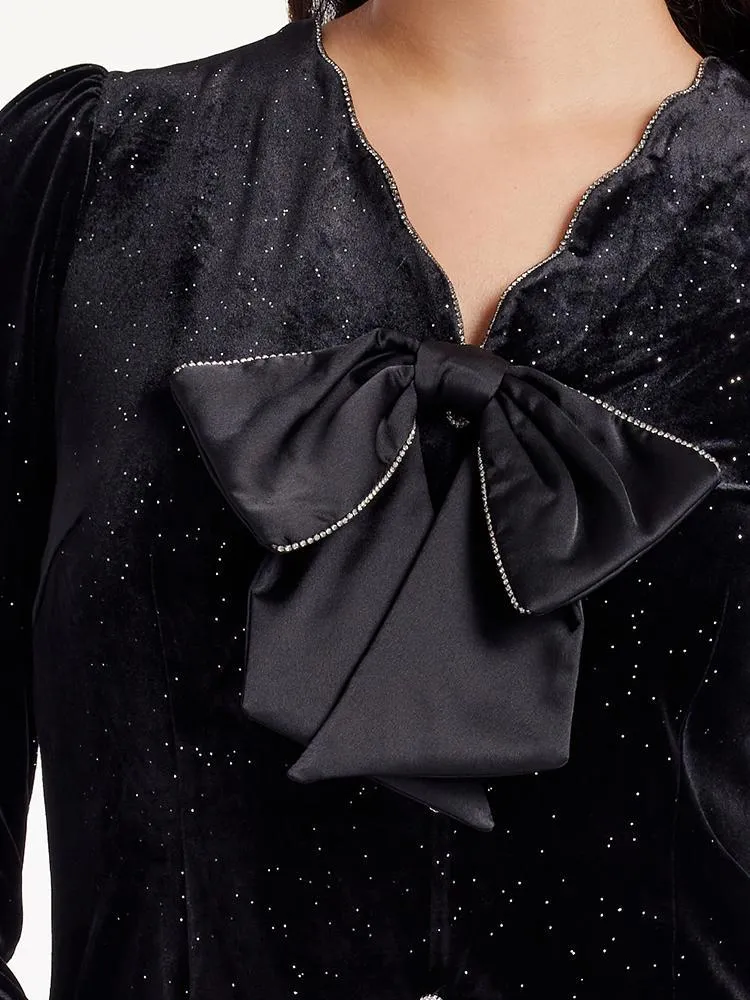 V-Neck Detachable Bowknot Velvet Midi Dress