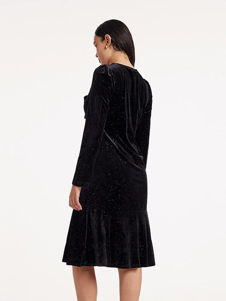 V-Neck Detachable Bowknot Velvet Midi Dress