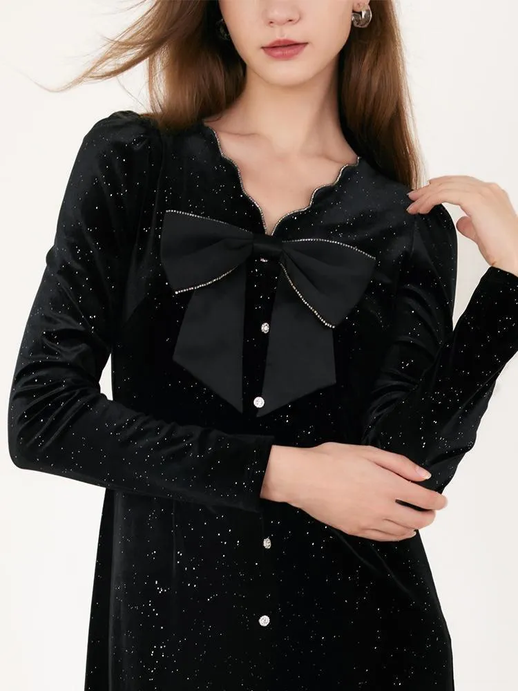 V-Neck Detachable Bowknot Velvet Midi Dress
