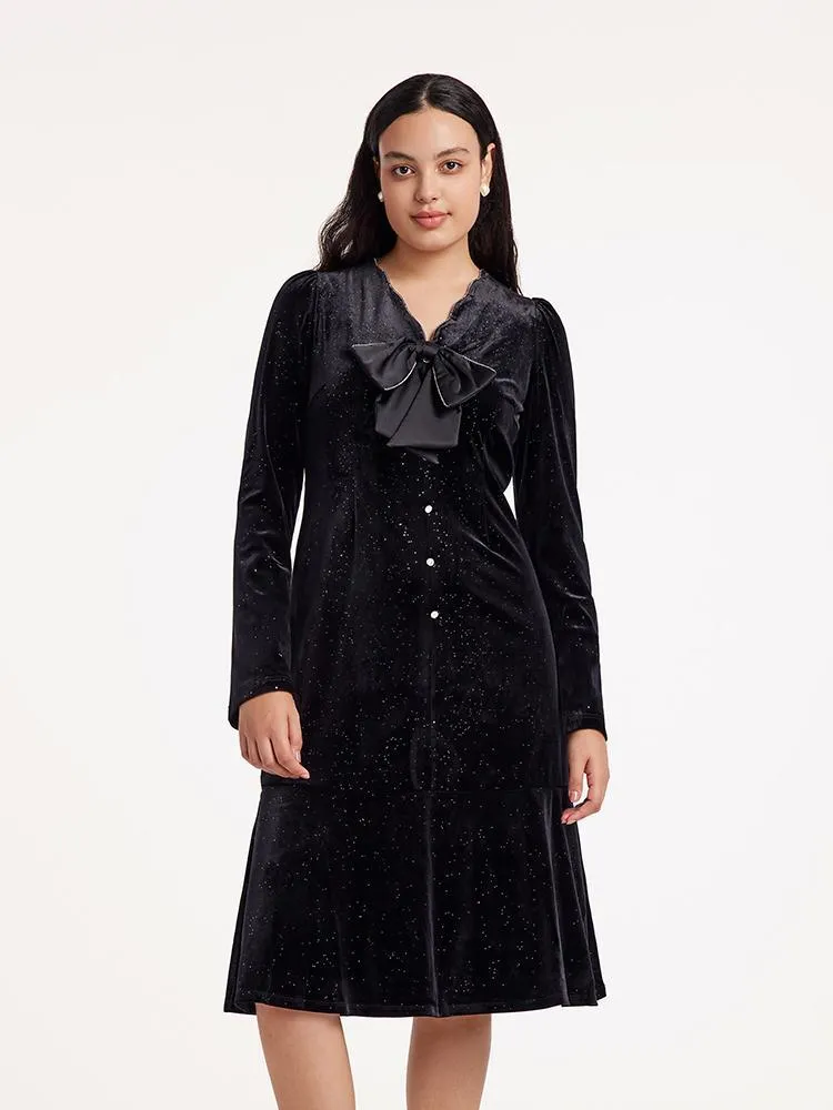 V-Neck Detachable Bowknot Velvet Midi Dress