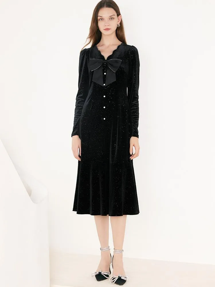 V-Neck Detachable Bowknot Velvet Midi Dress