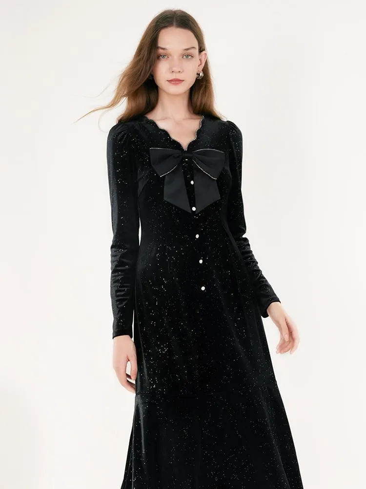 V-Neck Detachable Bowknot Velvet Midi Dress