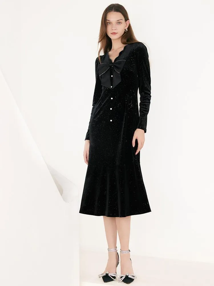 V-Neck Detachable Bowknot Velvet Midi Dress
