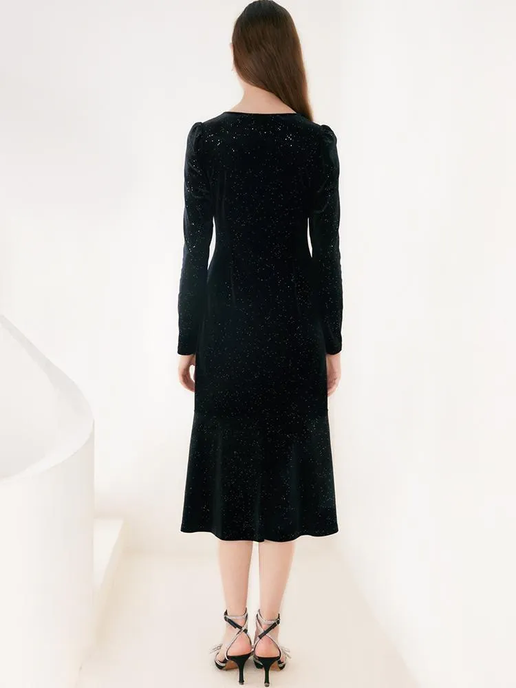 V-Neck Detachable Bowknot Velvet Midi Dress