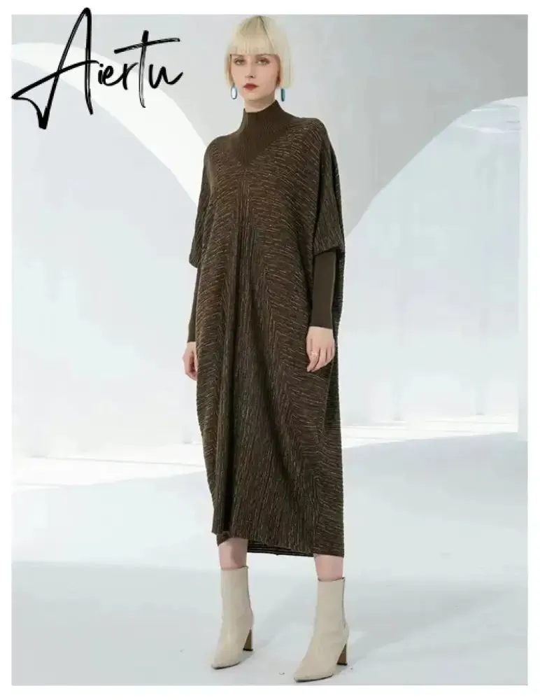 Women Autumn Fall Winter Large Size Loose Knitted Warm Maxi Wool Swater Dress.