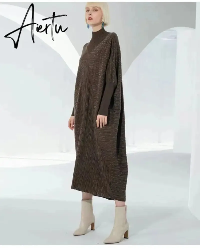 Women Autumn Fall Winter Large Size Loose Knitted Warm Maxi Wool Swater Dress.