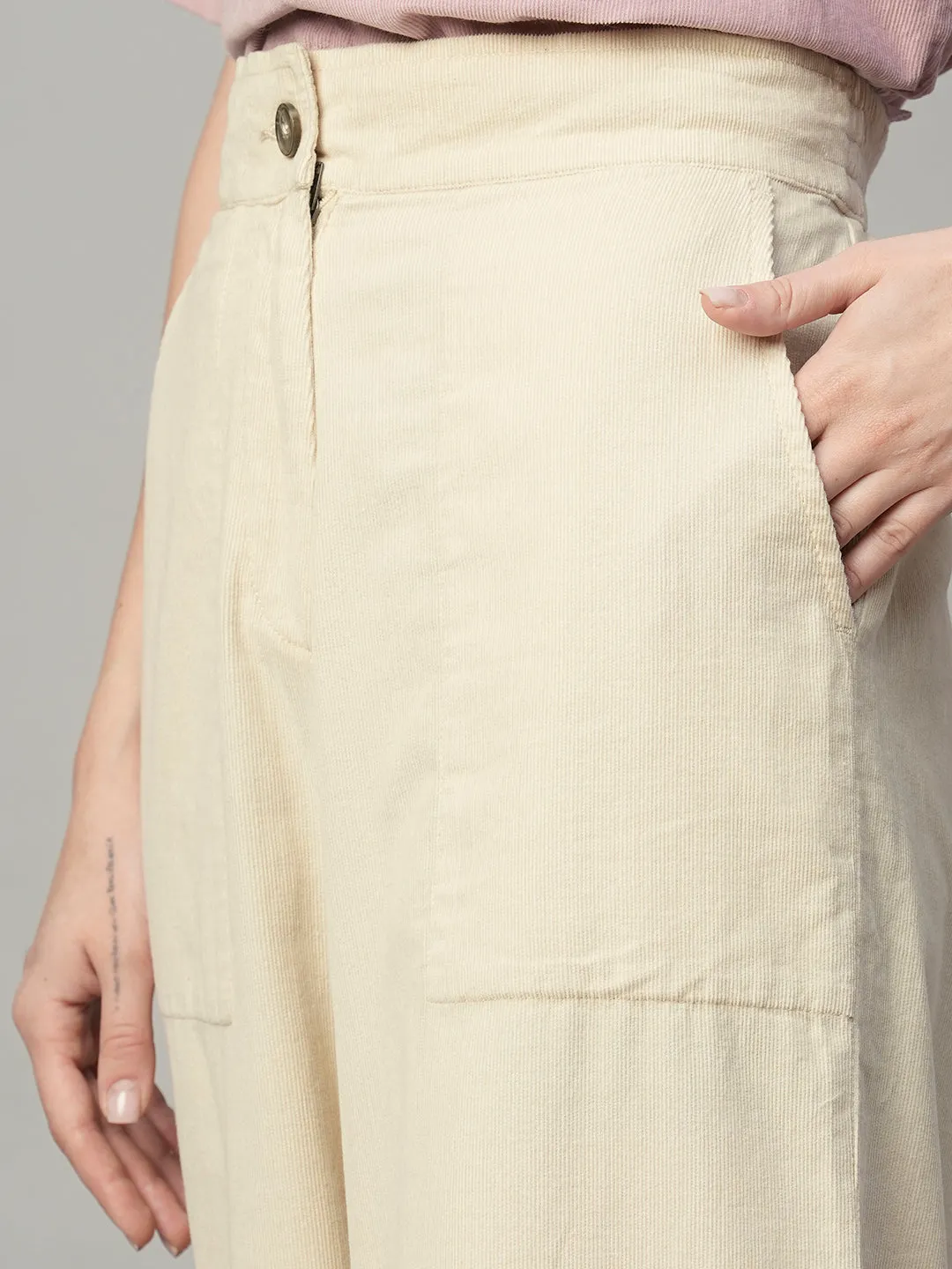 Women's Corduroy Offwhite 100% Cotton Regular Fit Culotte