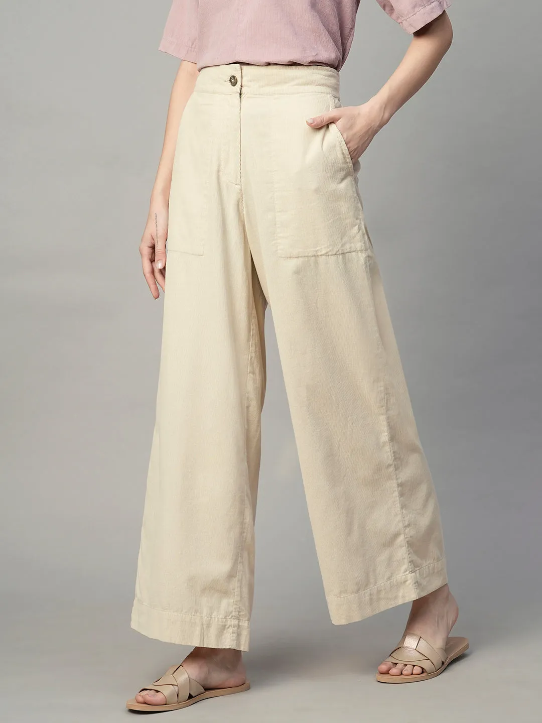 Women's Corduroy Offwhite 100% Cotton Regular Fit Culotte