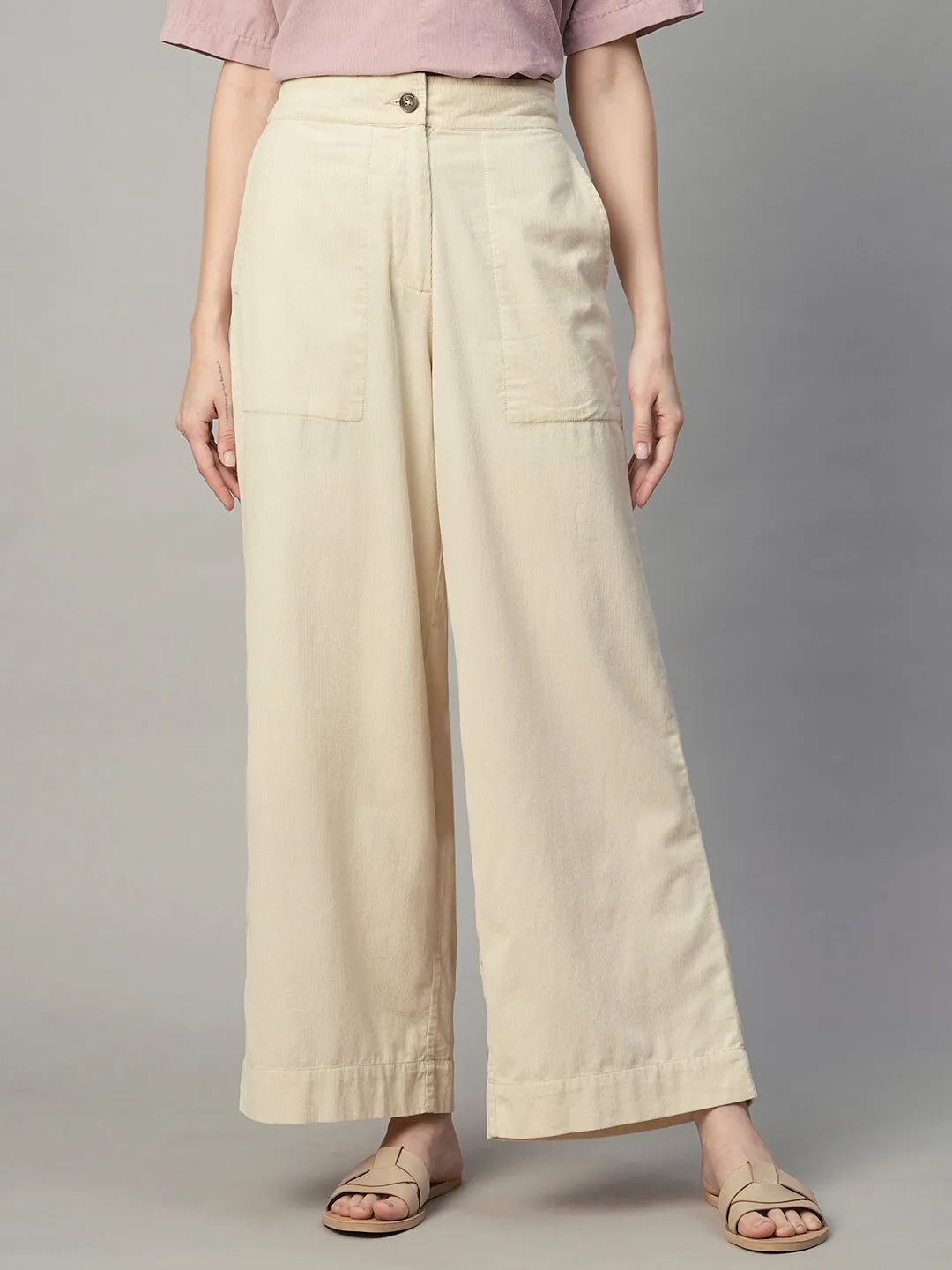 Women's Corduroy Offwhite 100% Cotton Regular Fit Culotte