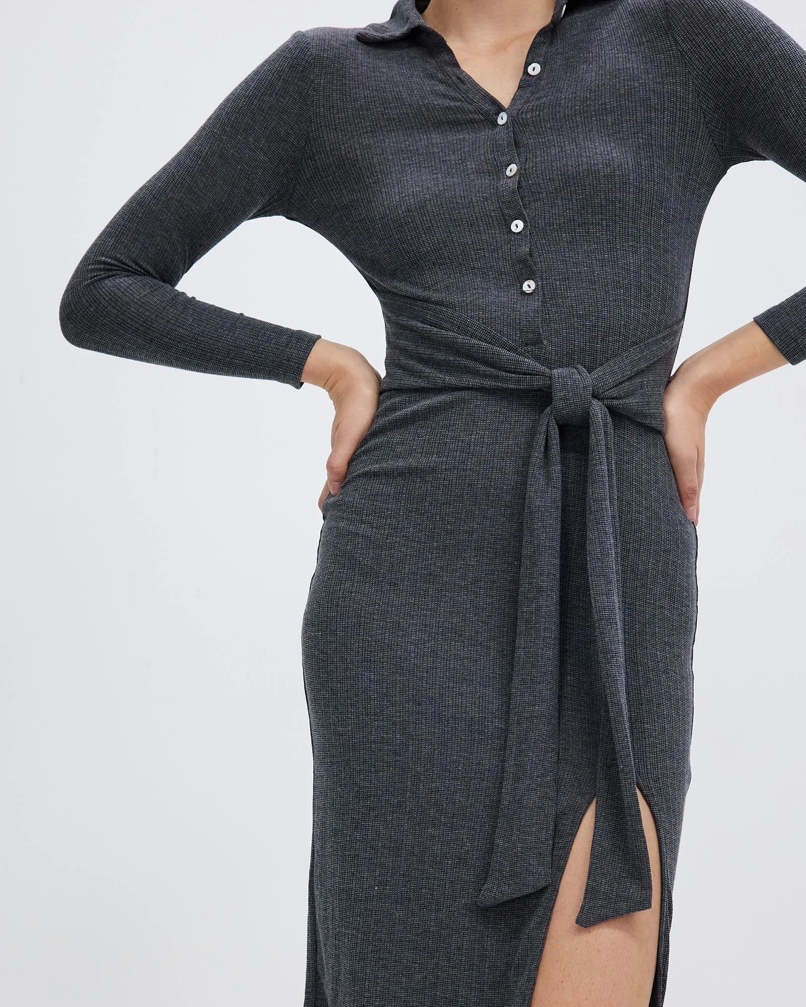 Women's  Sexy Ribbed Knit Slit Slim Gray Dress by Kaja Clothing - Bena Dress