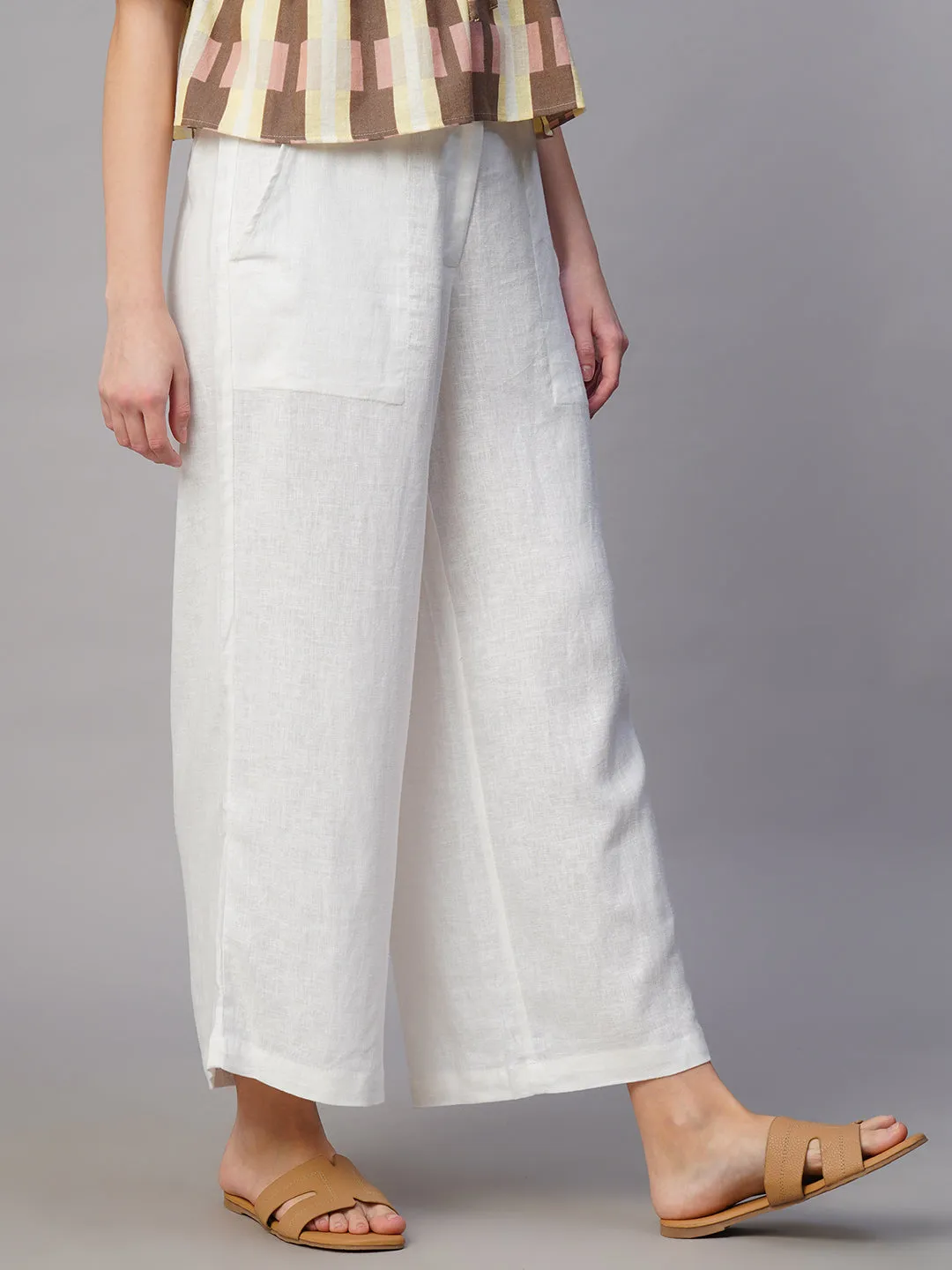 Women's White Linen Viscose Regular Fit Culotte