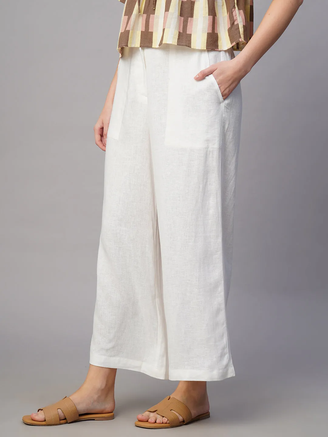 Women's White Linen Viscose Regular Fit Culotte